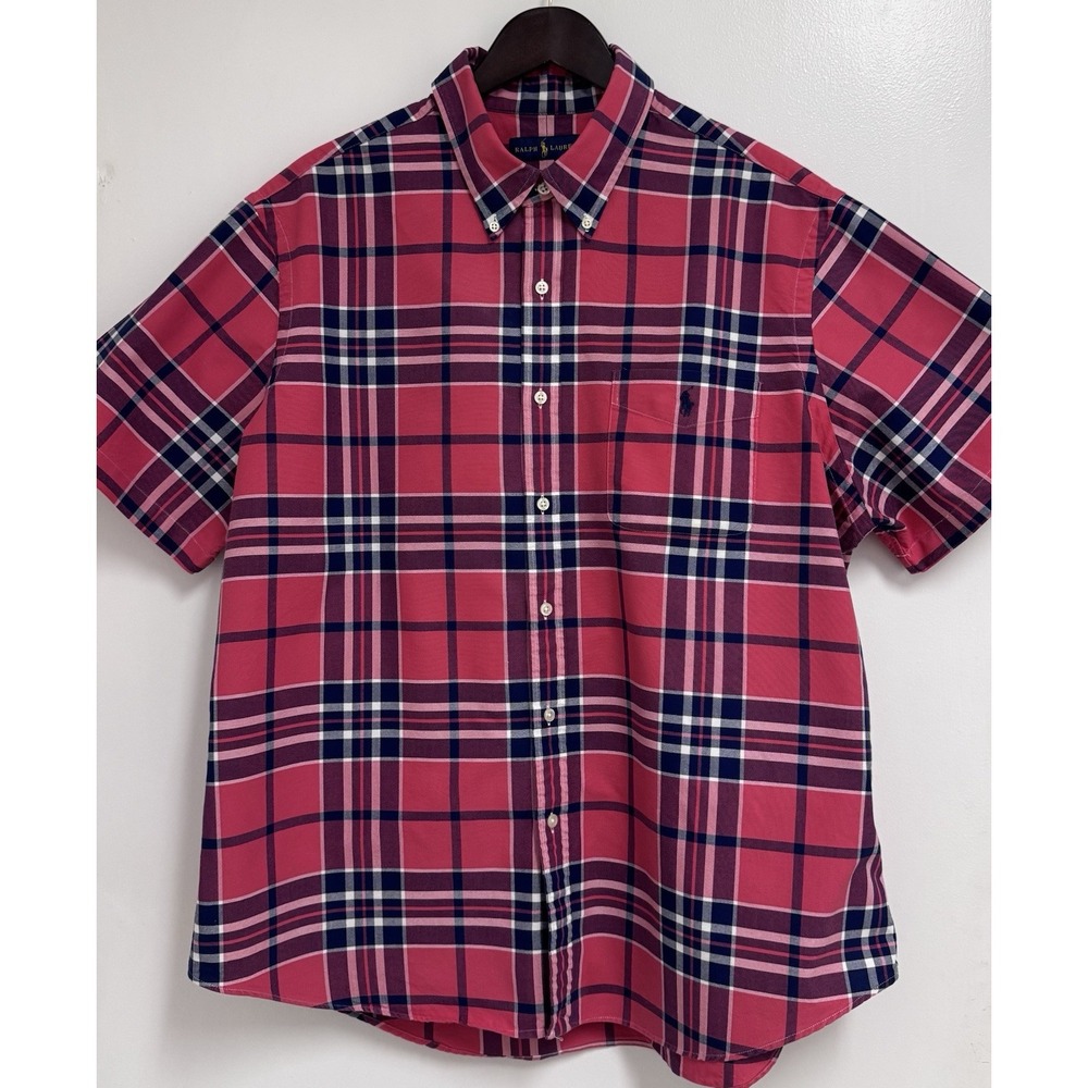 Ralph Lauren Mens XXL Red Navy Blue Plaid Short Sleeve Button Down Shirt Cotton